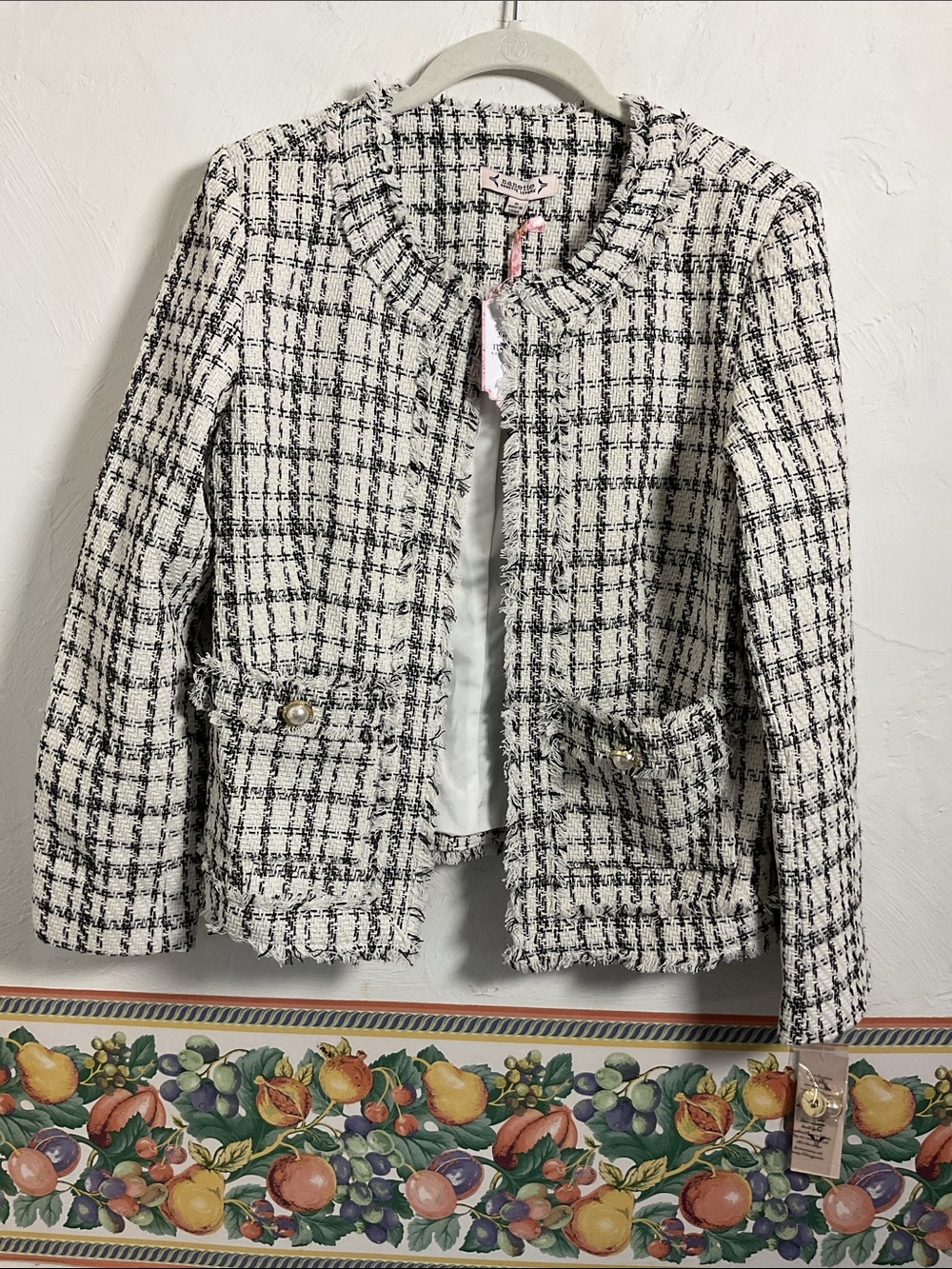 Nanette Lepore Tweed Fringe Jacket Black Cream Pearl Button Blazer Size S NWT